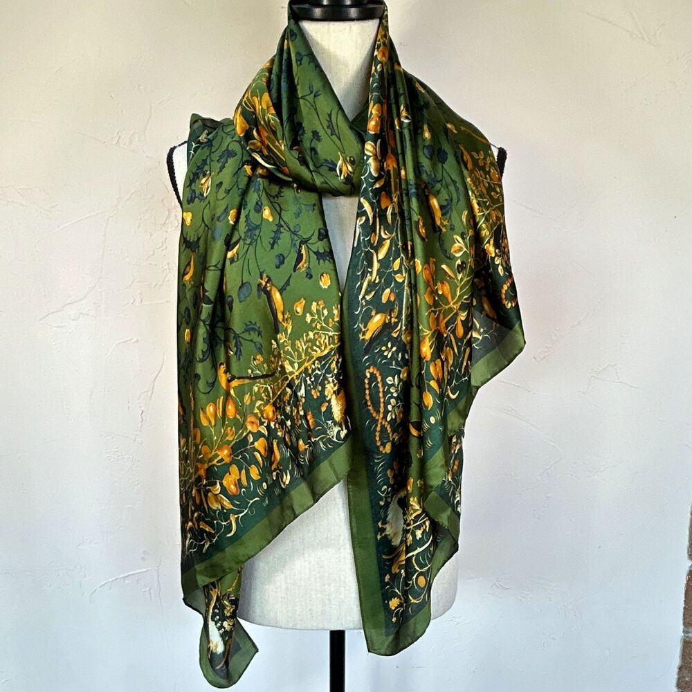 Green Yellow Satin Scarf Wrap Floral Birds Lions Trees Fruit 32 x 70 Elegant